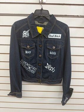 Mossimo Graphic Denim Jacket XL Dark Wash Streetwear Statement Jacket
